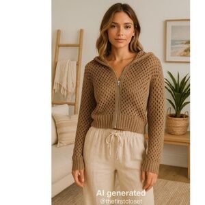 Faded Rose Light Brown‎ Zipper Closure Open Knit Long Sleeve Hoodie Sweater XL